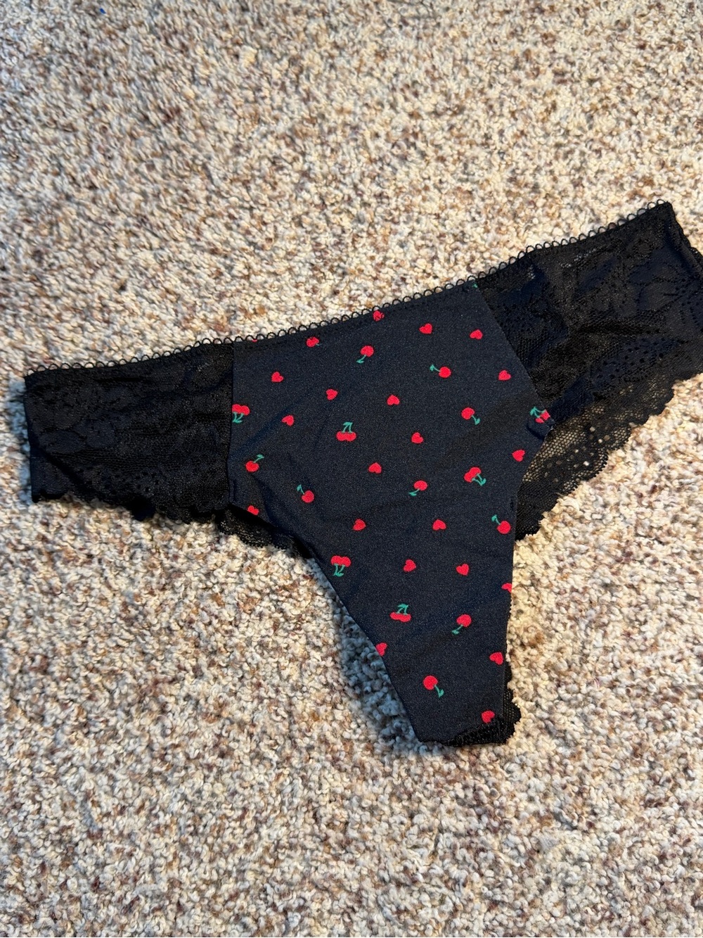 PINK Victoria's Secret Black Lace Thong with Red Cherry Print size S NWT